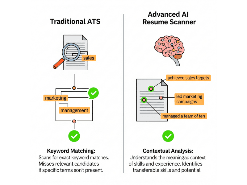 Infographic comparing traditional ATS vs AI resume scanner with keyword matching and contextual analysis