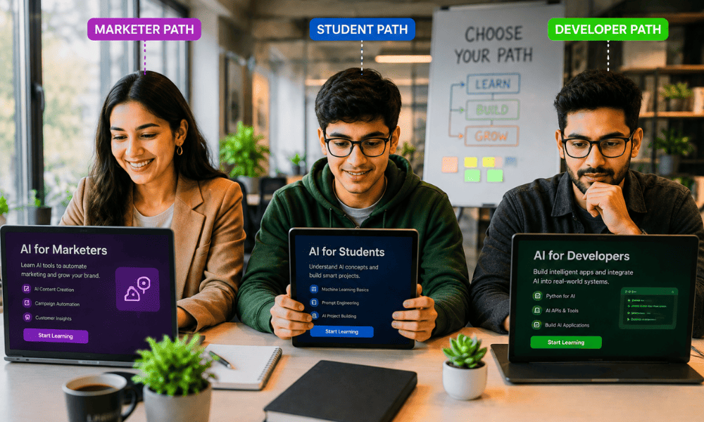 Choose best AI courses online free with certificates for marketers students developers.