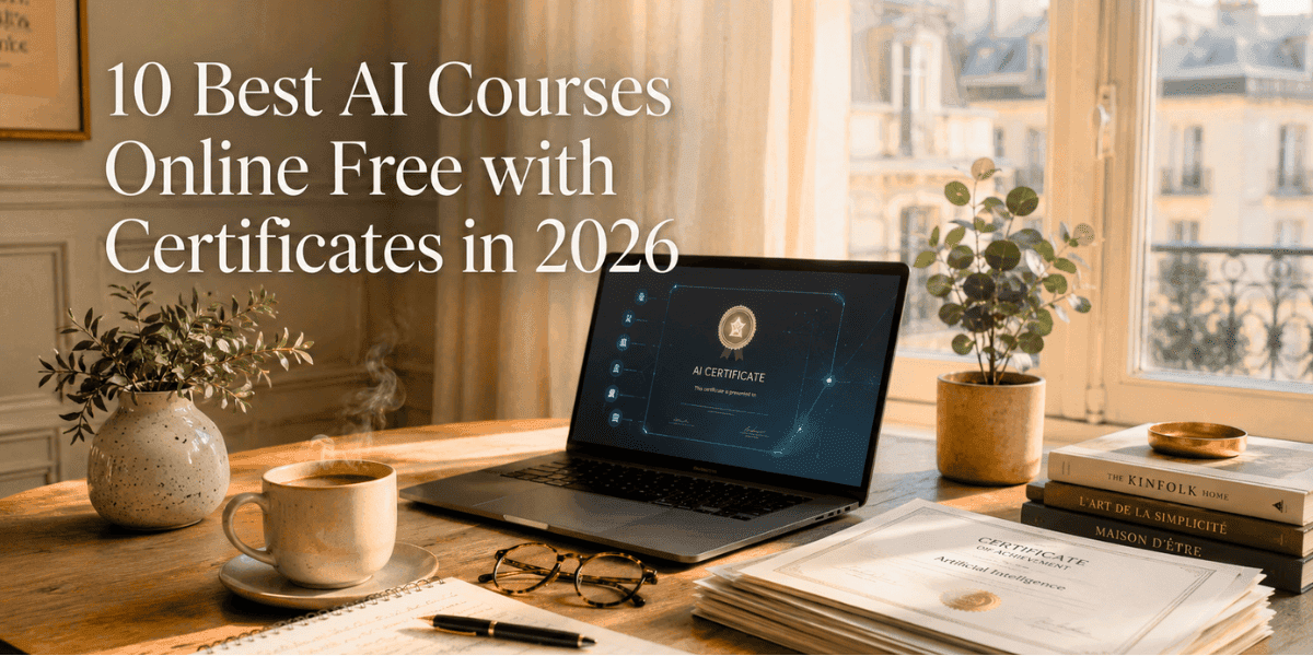 Best AI courses online free with certificates 2026 - laptop and certificate on minimalist desk.