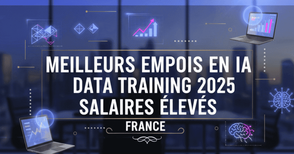 Best AI Data Training Jobs with High Salary in 2025 – modern French style featured image with AI icons, laptop, and data charts