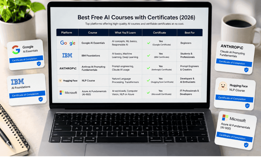Best free AI courses online free with certificates 2026 comparison table on laptop.
