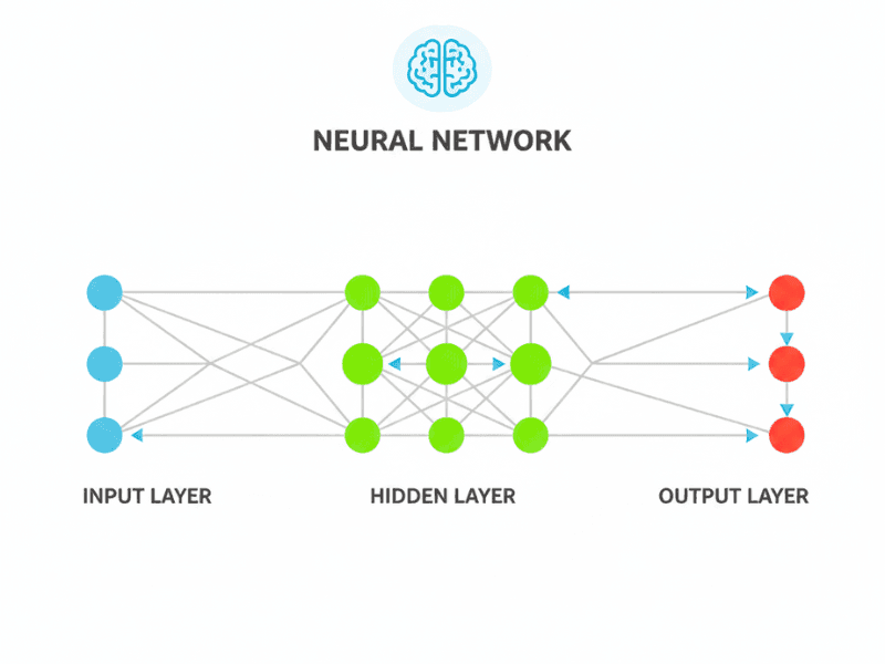 Artificial Intelligence Basic Knowledge diagram of neural network with input, hidden, and output layers.