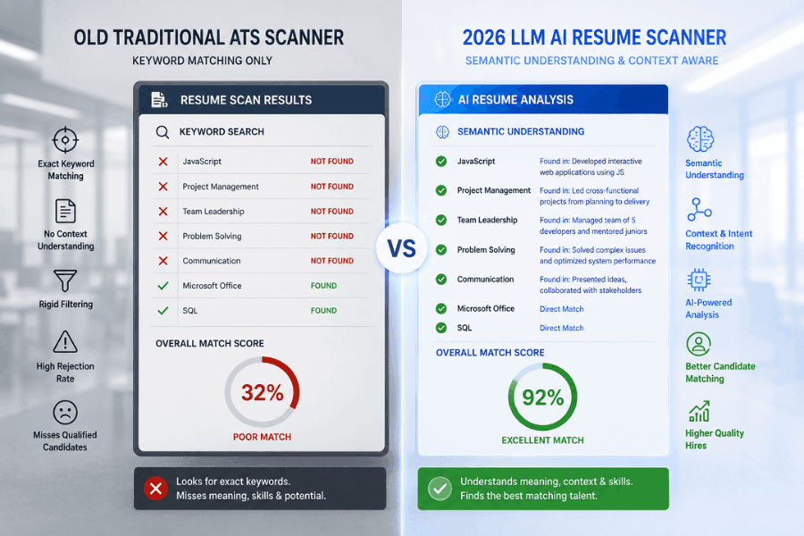 Old ATS vs 2026 AI Resume Scanner comparison semantic matching.