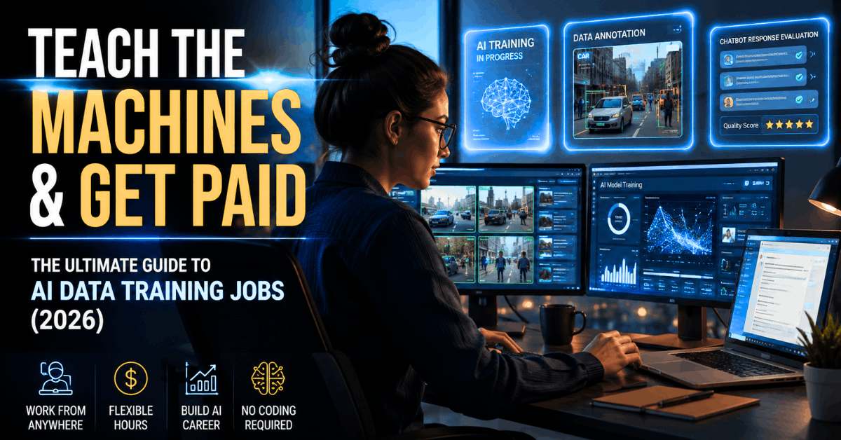 Teach the Machines & Get Paid: The Ultimate Guide to AI Data Training Jobs (2026) 1 Realistic futuristic AI workspace showing a remote freelancer doing AI data training jobs in 2026 with annotation dashboards, chatbot evaluation screens, and modern cinematic lighting.