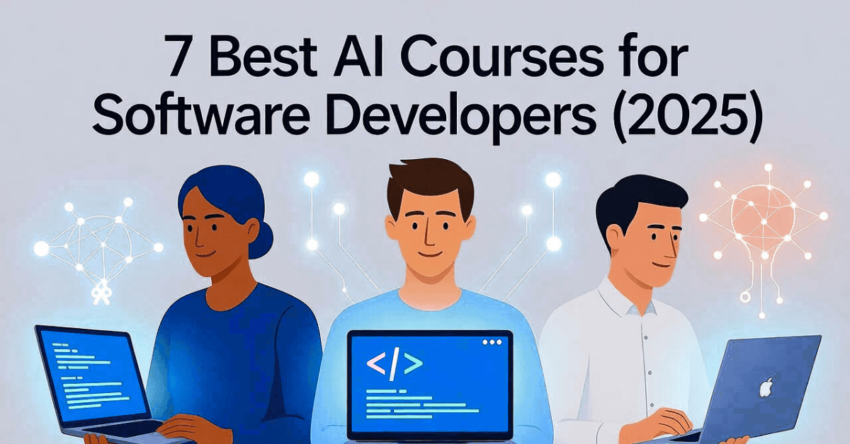 Elegant French-style illustration of software developers learning AI online with laptops and futuristic holographic screens, showcasing 7 Best AI Courses for Software Developers 2025, modern workspace, high-quality, Google Discover–friendly design.