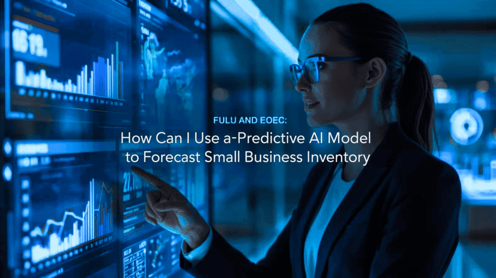 Predictive AI model forecasting small business inventory with futuristic data dashboard.