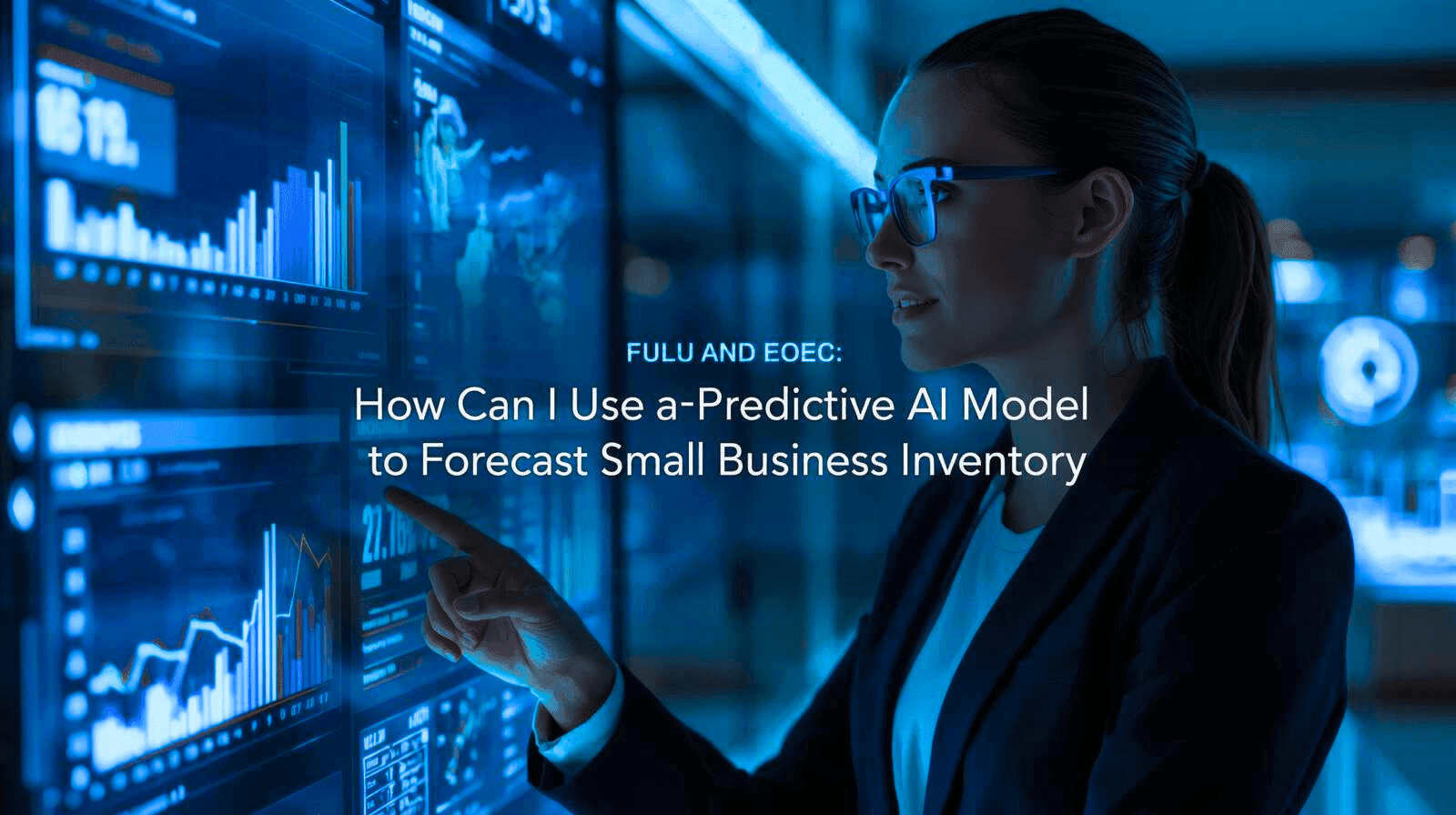 Predictive AI model forecasting small business inventory with futuristic data dashboard.