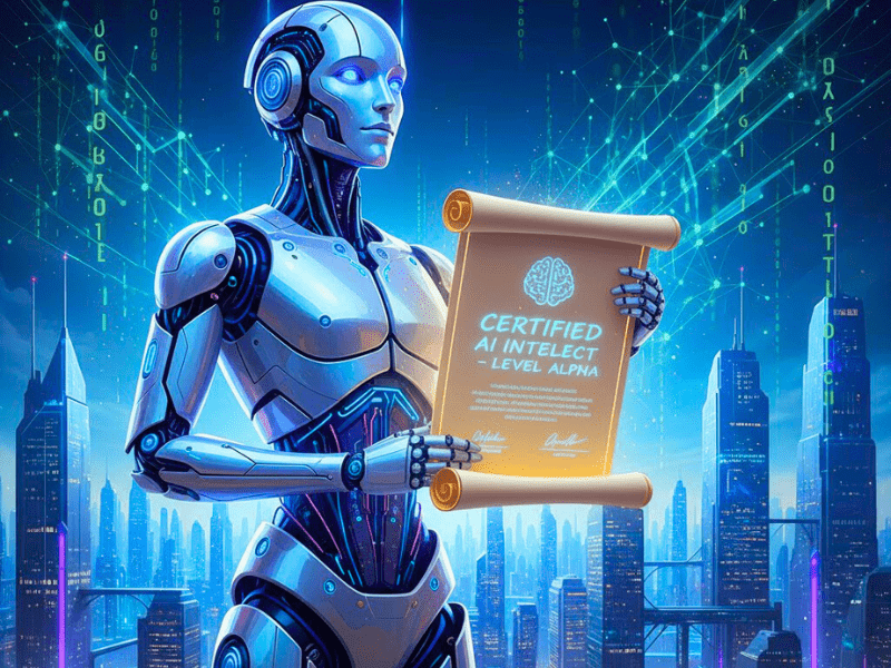How Agentic AI Certification Courses Work: Futuristic AI agent holding certification diploma in high-tech city.