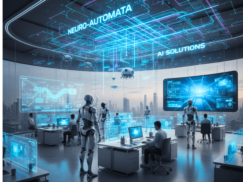 Futuristic AI Automation Agency Course workspace with robots and digital automation flows.