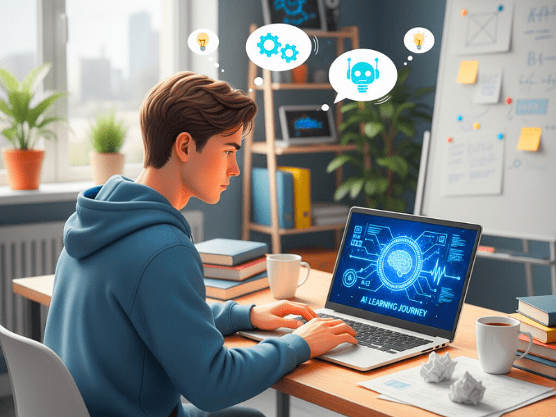 Illustration of beginner learning how AI certification programs work for beginners on laptop.