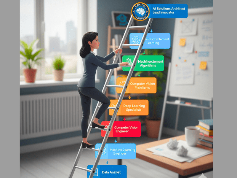 Motivational illustration of career growth with AI certification showing how AI certification programs work for beginners climbing ladder.