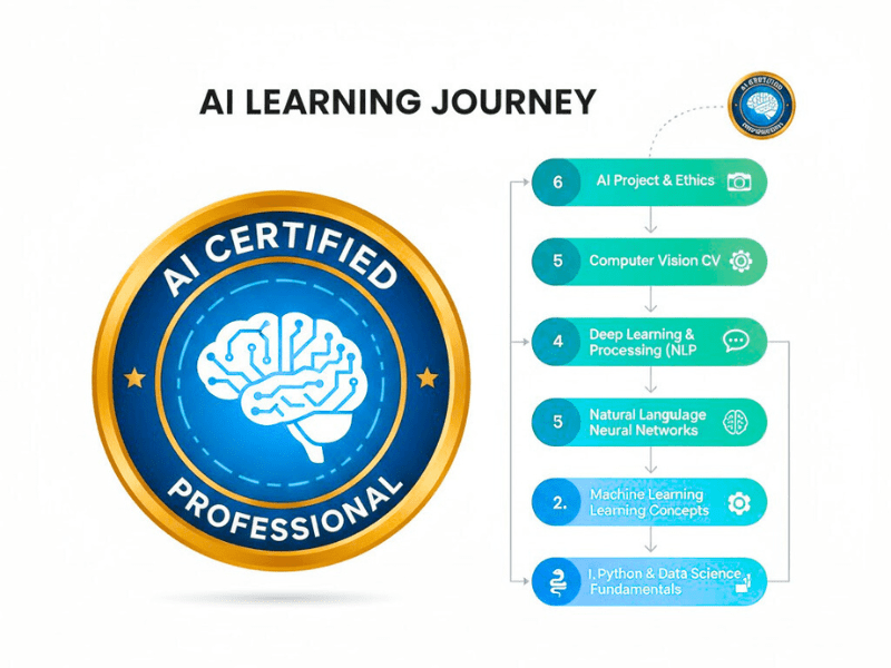 Diagram of how AI certification programs work for beginners with badge and learning path.
