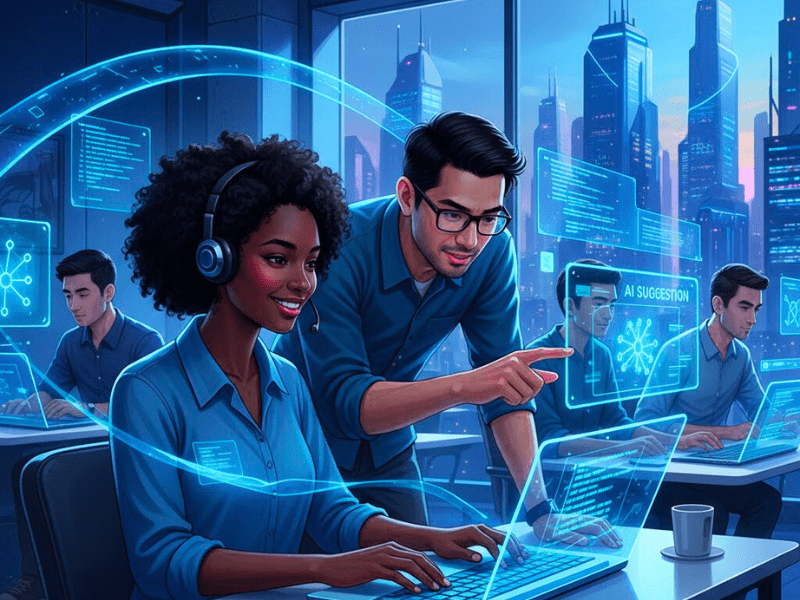 Diverse developers using best AI tool for coding free in futuristic office with code suggestions.
