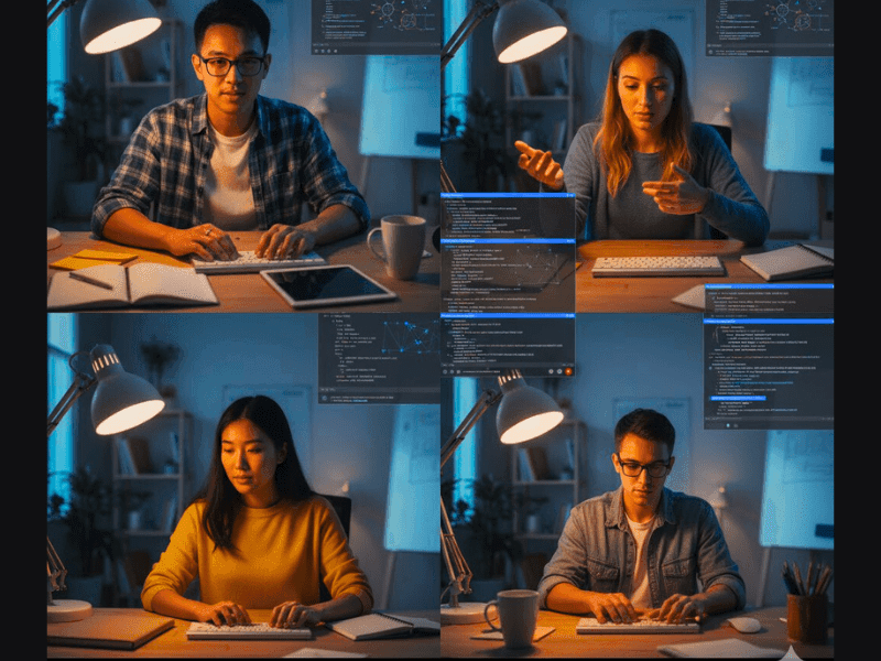 Diverse learners collaborating on AI code projects in warm-lit setups, for "What Are the Best AI Courses for Beginners" tips.