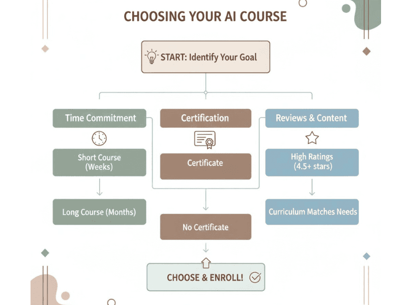 Flowchart infographic for choosing AI courses with icons for duration, certification, reviews, for "What Are the Best AI Courses for Beginners".