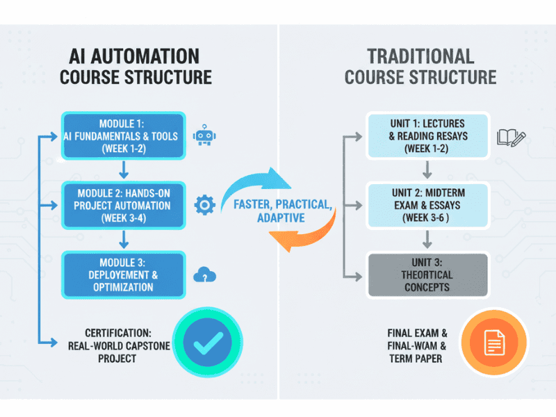 Infographic flowchart comparing AI Automation Agency Course structure vs traditional course.