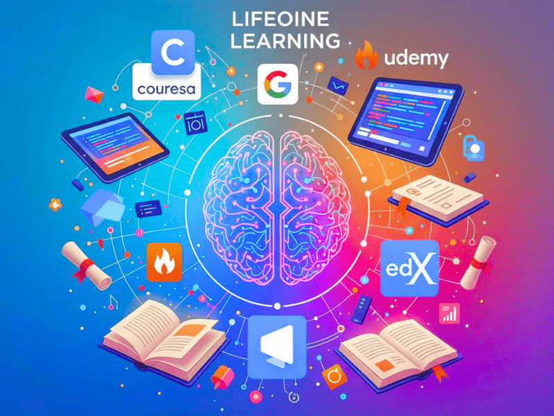 Collage of AI learning platforms with brain icon and certificates for "What Are the Best AI Courses for Beginners".