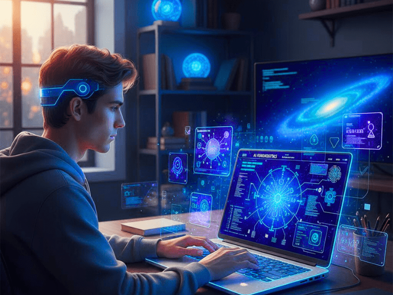 Beginner learning how to learn free AI course updates for beginners on laptop with futuristic holograms.