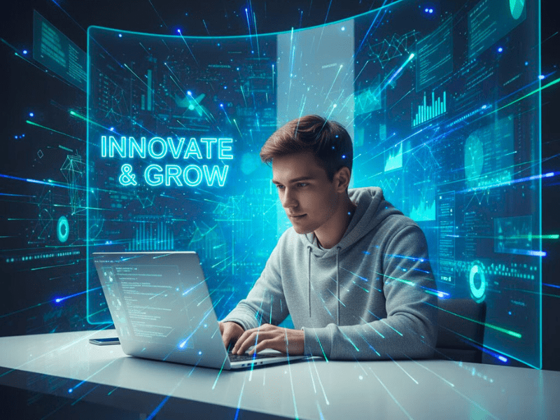 Young beginner coding AI on laptop with neural networks and data graphs, ideal for "What Are the Best AI Courses for Beginners" in 2025.