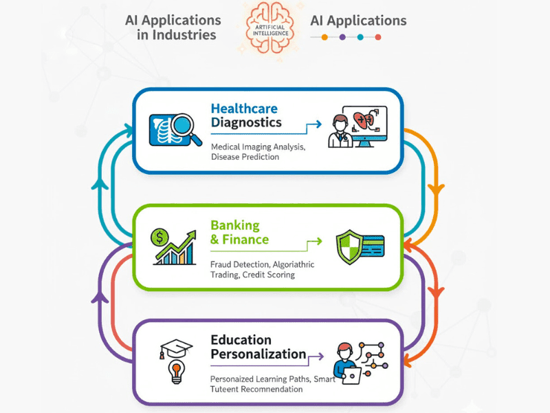 Infographic of AI applications in industries like healthcare, banking, and education for artificial intelligence online course free.