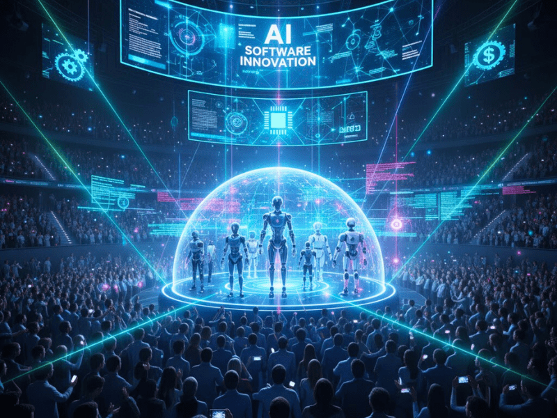 Futuristic AI software innovation conference with robots crowd dynamic – Best AI Courses for Software Developers.