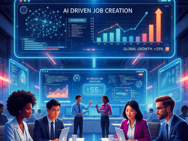 Diverse professionals analyzing AI-driven job growth graphs in futuristic office, ideal for "What Are the Best AI Courses for Beginners" in 2025.