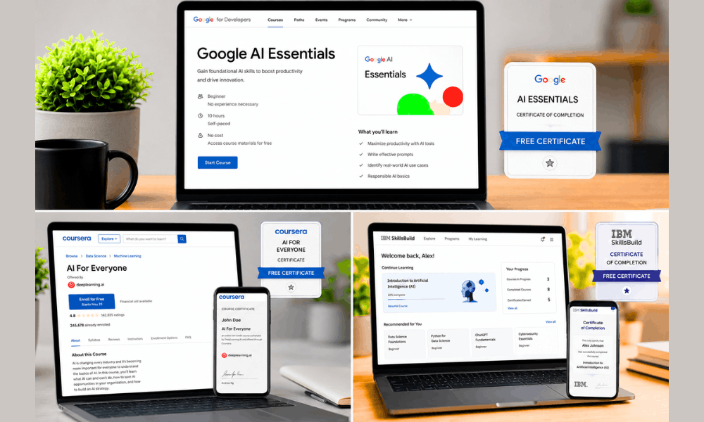 How to Track New Free AI Courses for Beginners (2026 Guide) 4 Google AI Essentials Coursera IBM SkillsBuild free AI courses platforms 2026.