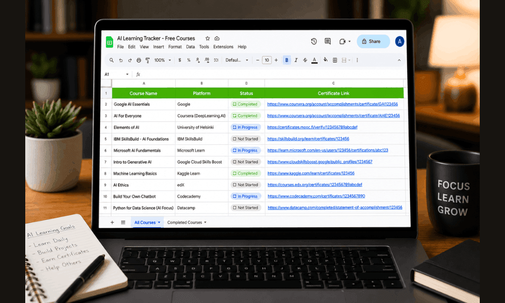 How to Track New Free AI Courses for Beginners (2026 Guide) 6 AI learning roadmap Google Sheet tracker free courses for beginners.