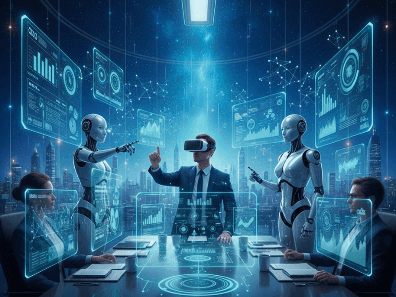 Futuristic digital art of AI robots assisting human managers in VR boardroom with predictive holograms for artificial intelligence project management software.