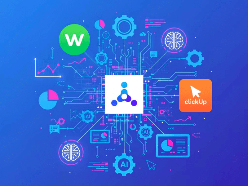 Sleek collage of Wrike, Asana, ClickUp icons in AI workflow ecosystem for artificial intelligence project management software.
