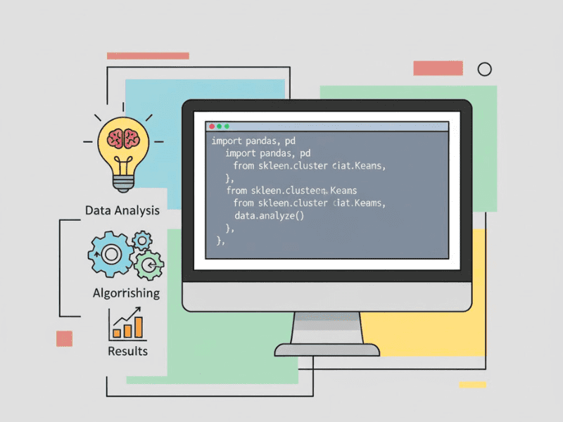Clean vector of Python code for data analysis and machine learning with beginner icons, for "What Are the Best AI Courses for Beginners".