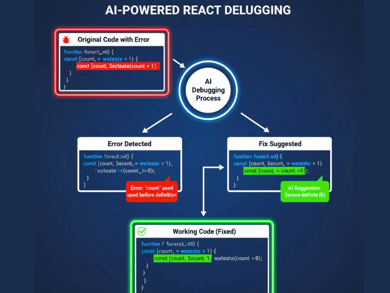 AI debugging React code error to fixed version using best AI tool for coding free infographic.