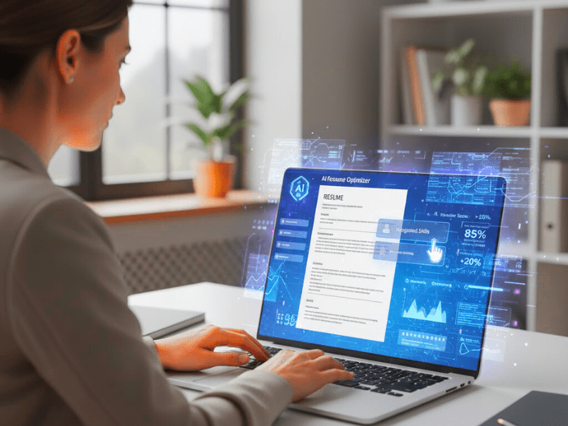 Professional woman using AI Update Resume For Free tool on laptop interface.
