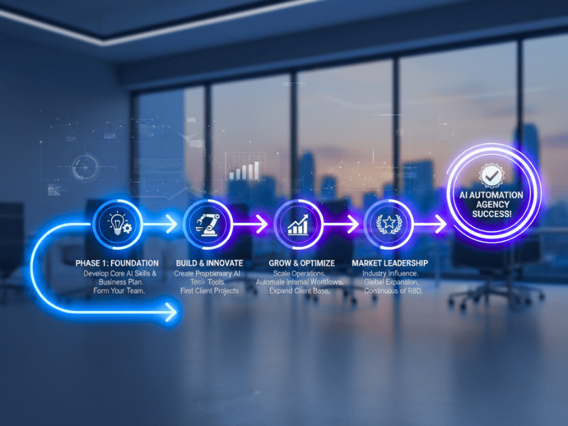 Motivational roadmap to AI Automation Agency Course success with phases and AI elements.