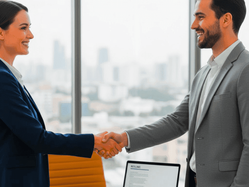 Successful job interview handshake with resume after AI Update Resume For Free.