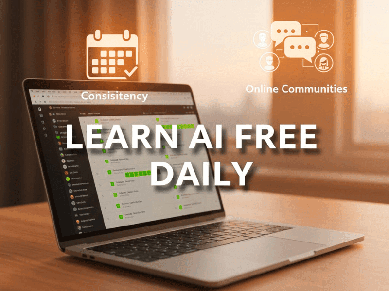 Inspirational AI learning tips with calendar, online communities, and laptop quote 'Learn AI Free Daily' for artificial intelligence online course free.