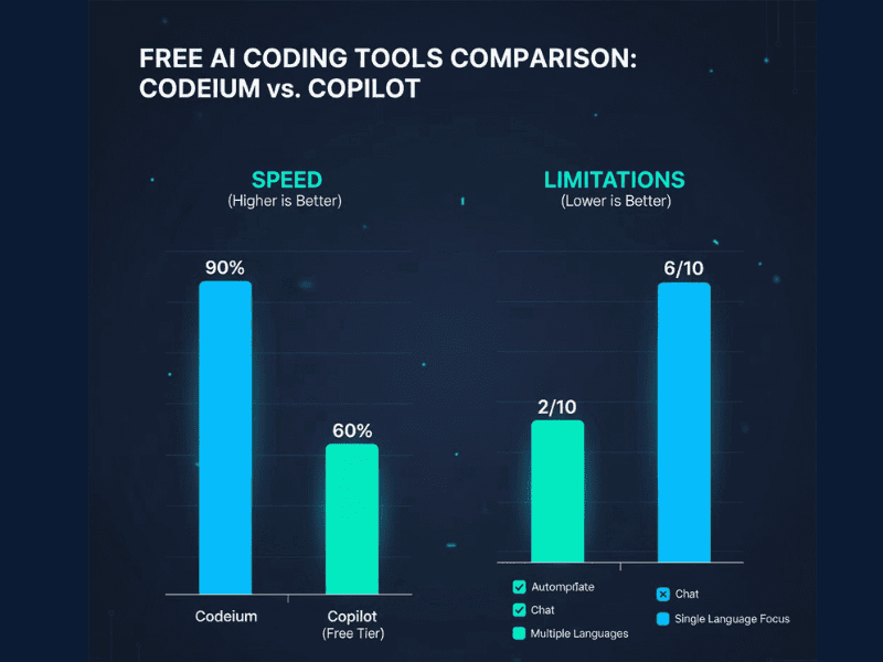 Bar graph comparing Codeium vs Copilot free AI coding tools speed and limitations using best AI tool for coding free.