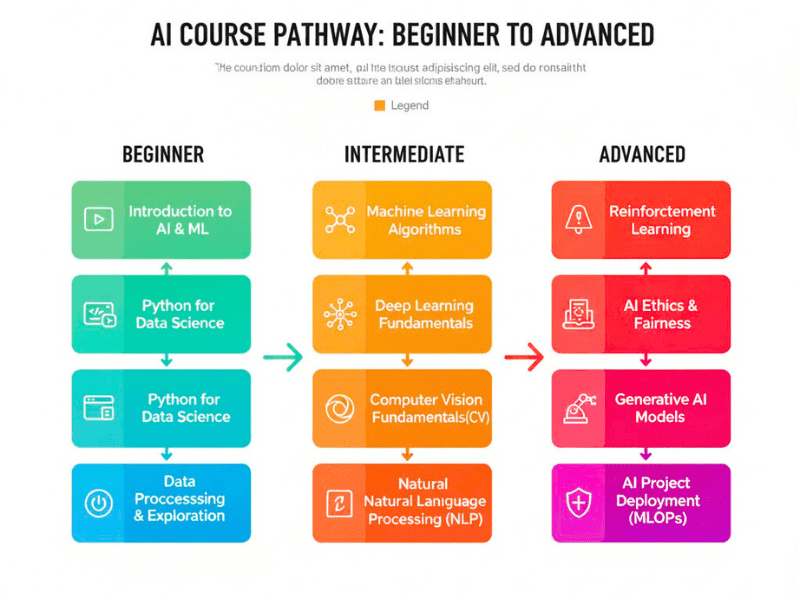 Infographic showing how AI certification programs work for beginners through types from beginner to advanced.