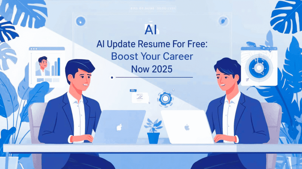 Elegant French-style flat illustration showing people using AI tools to update resumes for free in 2025 — modern workspace and futuristic theme.