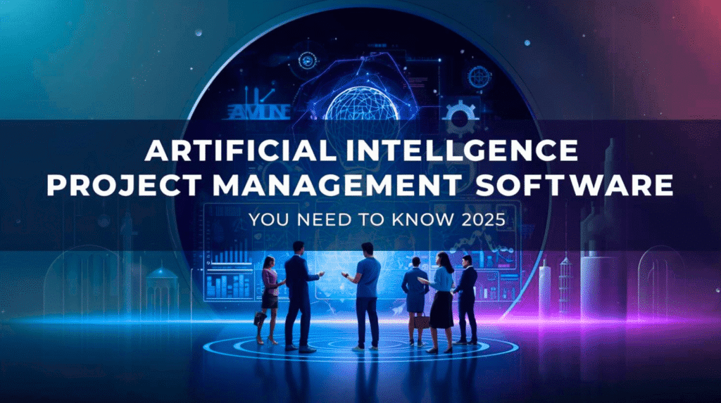 Modern futuristic team using artificial intelligence project management software with holographic dashboard – 2025 concept.