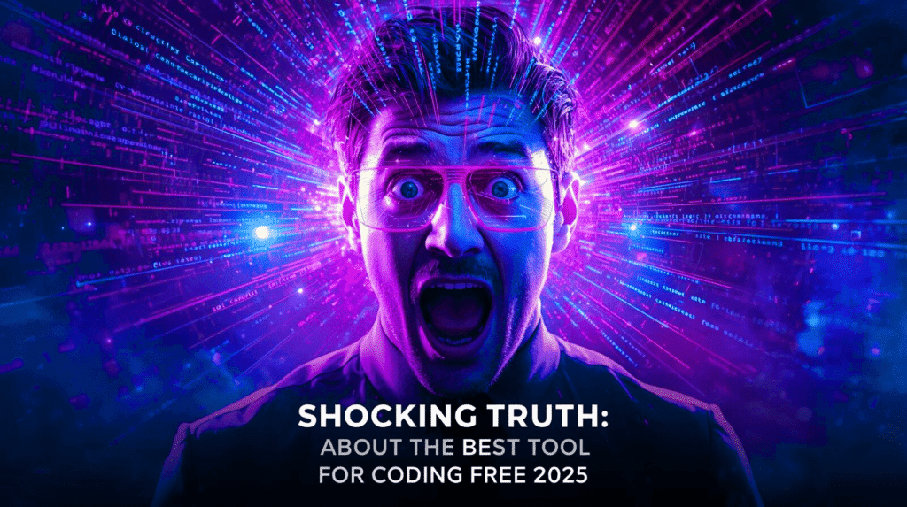 Futuristic neon-glow illustration of a shocked programmer discovering the best AI tool for coding free in 2025, with holographic code streams exploding like fireworks – shocking truth revealed for developers