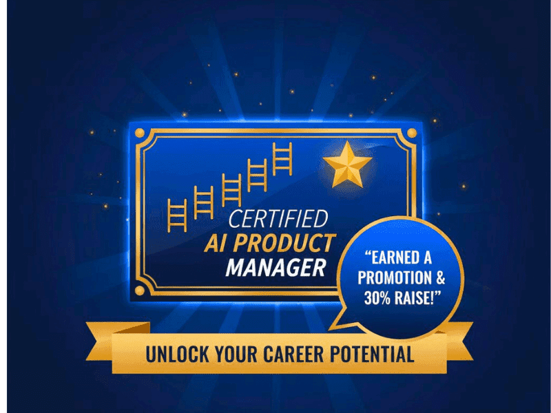 Glowing AI Product Managers Certification badge with career ladder and testimonial for unlocking potential.