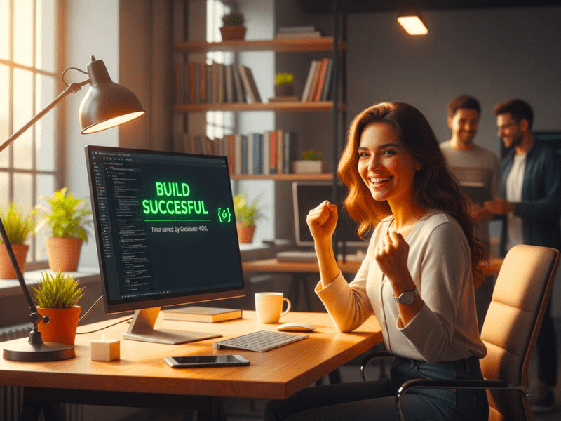 Happy developer celebrating successful code build and time saved with best AI tool for coding free in motivational workspace.