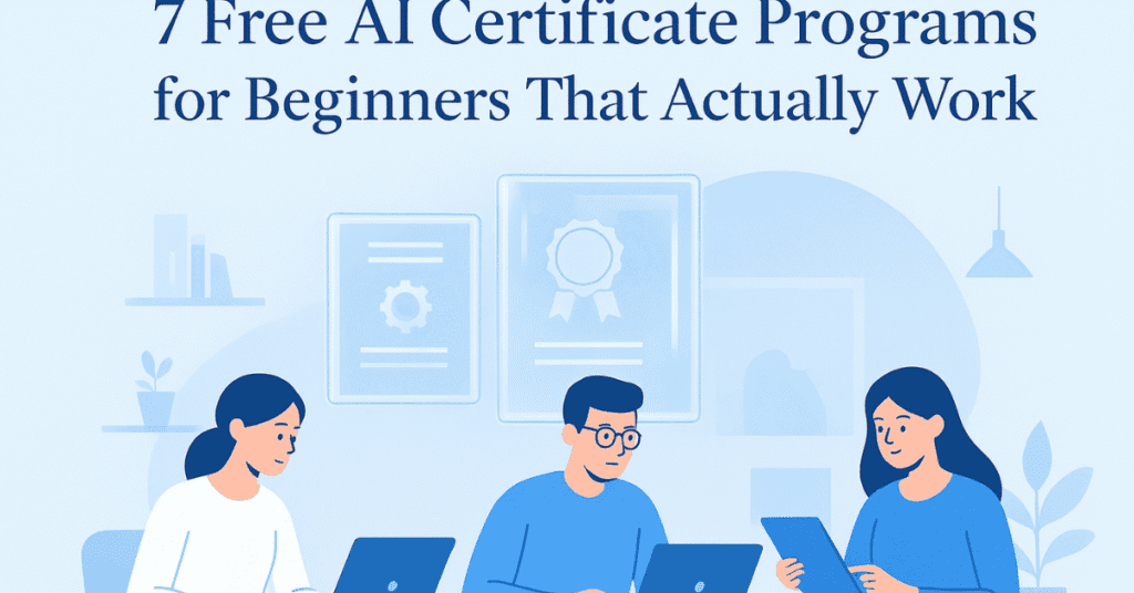 French-style modern illustration of learners earning free AI certificate programs for beginners with laptops and holographic certificates.