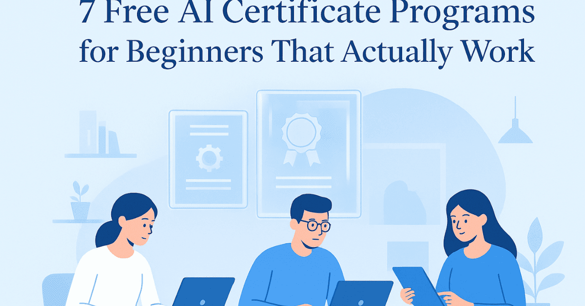 French-style modern illustration of learners earning free AI certificate programs for beginners with laptops and holographic certificates.