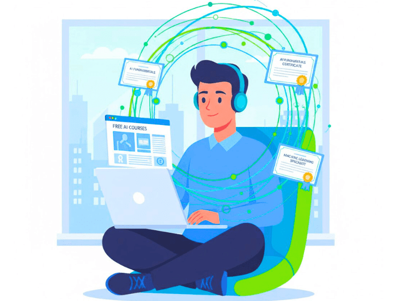 Young professional learning artificial intelligence online course free with floating certificates and neural icons.