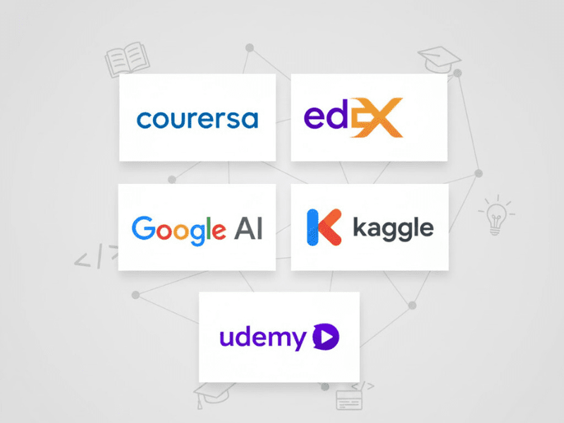 Collage of free AI learning platforms logos: Coursera, edX, Google AI, Kaggle, Udemy for artificial intelligence online course free.