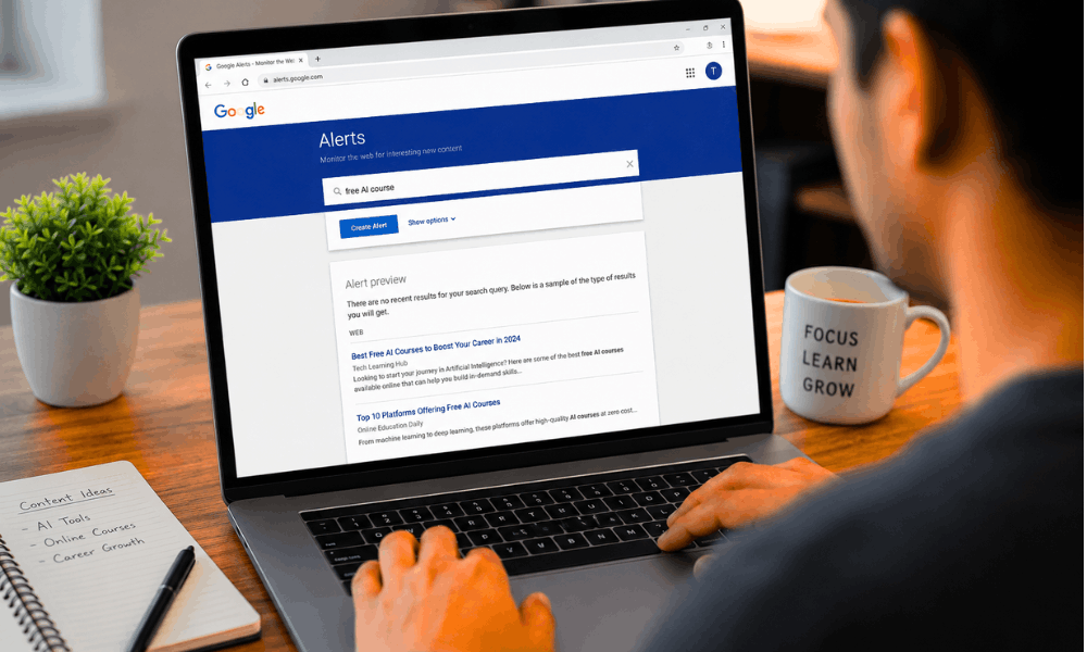 How to Track New Free AI Courses for Beginners (2026 Guide) 2 Free AI course Google Alerts setup on laptop for beginners 2026.