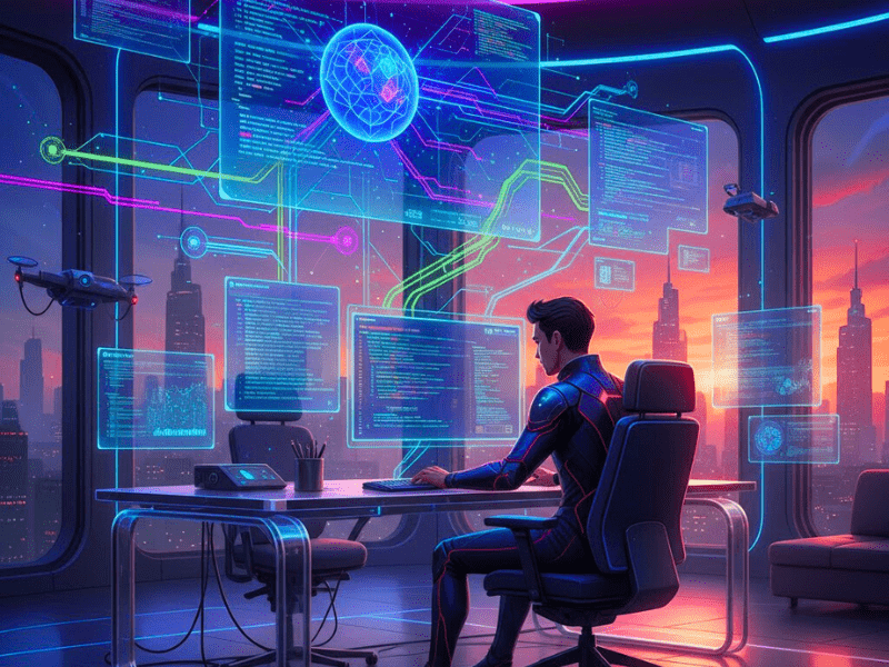 Futuristic software developer coding AI neural networks in modern office – Best AI Courses for Software Developers 2025.