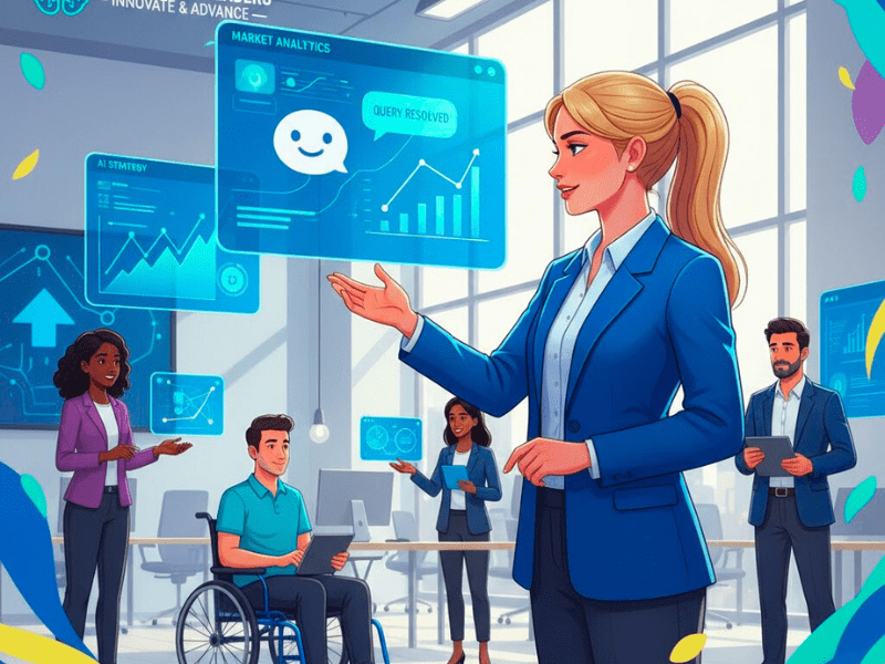 Confident product manager leading diverse team with AI tools for AI for Product Managers Certification career boost.